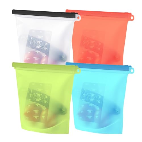 INTIRILIFE 4X Lebensmittelbeutel Silikon, 1L Füllmenge mehrere Farben -23 x 17,5 cm- Wiederverwendbar Zip Verschluss, Gefrier - und Aufbewahrungsbeutel für Gemüse Fleisch Snacks spülmaschinengeeignet von INTIRILIFE