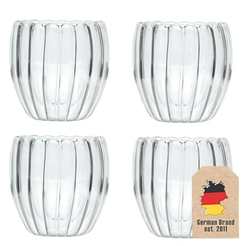 Intirilife 4x Doppelwandige Thermo Gläser -Striped Style- 190 ml Füllmenge - Tassen Set 2 teilig- Schwebeeffekt, Mundgeblasen isoliert für Cappuccino Latte hitzebeständiges Tee Kaffee Glas ohne Henkel von INTIRILIFE