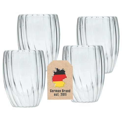 Intirilife 4x Doppelwandige Thermo Gläser -Striped Style- 210 ml Füllmenge - Tassen Set 2 teilig- Schwebeeffekt, Mundgeblasen isoliert für Cappuccino Latte hitzebeständiges Tee Kaffee Glas ohne Henkel von INTIRILIFE