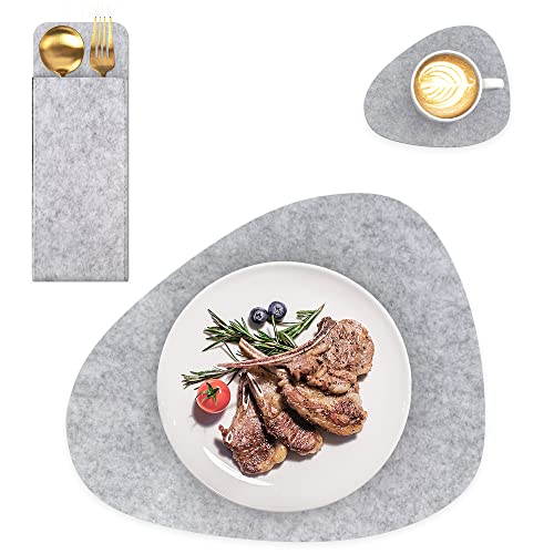 Intirilife 6X Filzunterleger-Set in Grau - Tischdeckchen 43 x 33 cm - Gläseruntersetzer 13 x 11 cm - Bestecktasche 25 x 9 cm - Platz Set Decke Untersetzer für Restaurant und Zuhause von INTIRILIFE