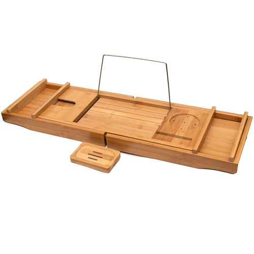 Intirilife Badewannenablage Ausziehbar Bambus -73-111 x 23 x 4.5 cm- Verstellbare Auflage- Bathtub Tray mit Seifenschale -Halter für Buch Kerze Weinglas Tablet Telefon Badewannen Tablett Holz von INTIRILIFE
