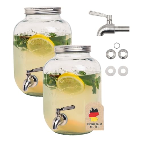 Intirilife Getränkespender -Set von 2 Stück- je 4 Liter aus Glas mit Zapfhahn aus Edelstahl - 14 x 24 cm - Wasser Saft Spender Limonadenspender Glasbehälter für Getränke, Doppelgetränkespender von INTIRILIFE