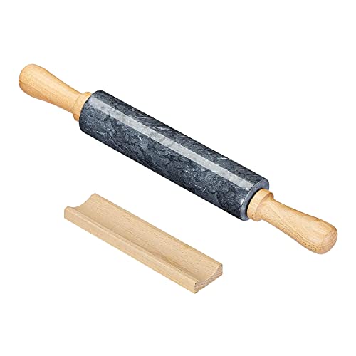 Intirilife Nudelholz aus Marmor mit Ablage in Schwarz - 46.5 cm - Teigrolle, Backrolle, Wellholz, aus natürlichem Marmor, zum einfachen Teig ausrollen, leichte Reinigung von INTIRILIFE