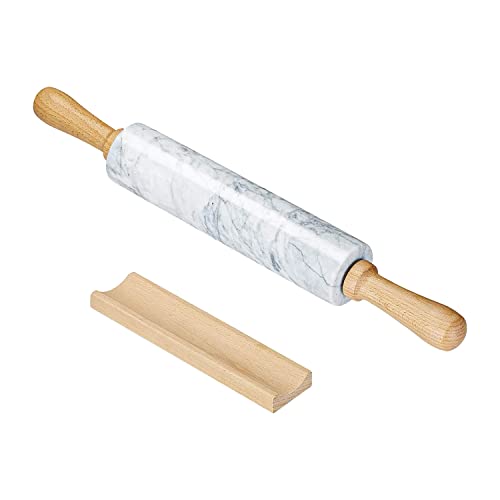 Intirilife Nudelholz aus Marmor mit Ablage in Weiß - 46.5 cm - Teigrolle, Backrolle, Wellholz, aus natürlichem Marmor, zum einfachen Teig ausrollen, leichte Reinigung von INTIRILIFE