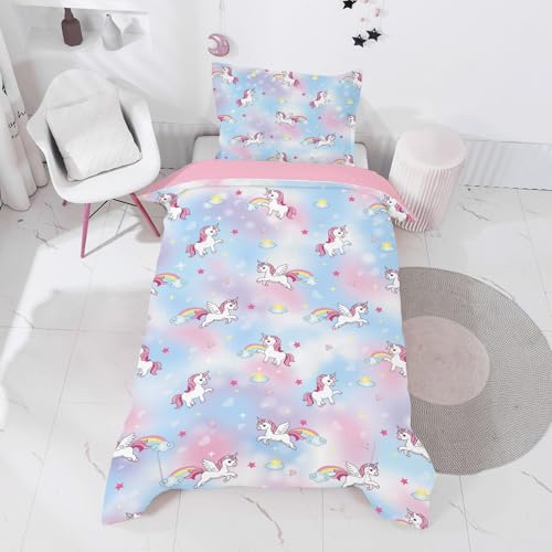 INTOMENG Mädchen Bettwäsche Kinder Set Bringen Sie Einen Kissenbezug 3D Ultrafeine Faser Deckenbezug (Unicorn02, 135x200cm+80x80cm) von INTOMENG