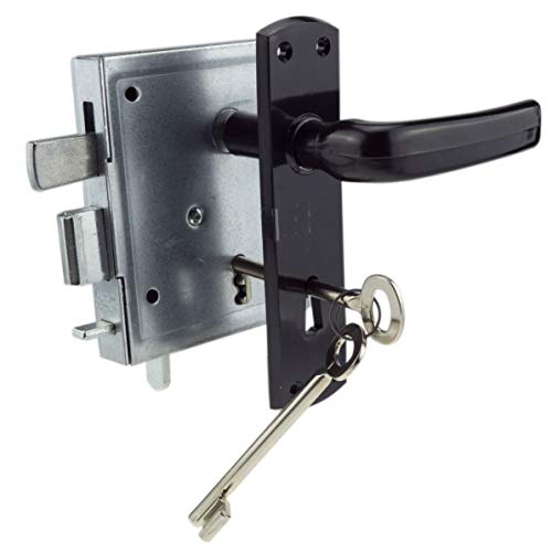 Aufschraubschloss mit hebender Falle mit 2 Buntbart-Schlüsseln und PVC-Drückergarnitur von INTRA-TEC