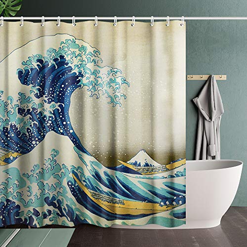 INVIN ART Bathroom Wave Shower Curtain Set with Hooks,The Great Wave Off Kanagawa by Katsushika Hokusai,Home Art Paintings Pictures for Bathroom von INVIN ART