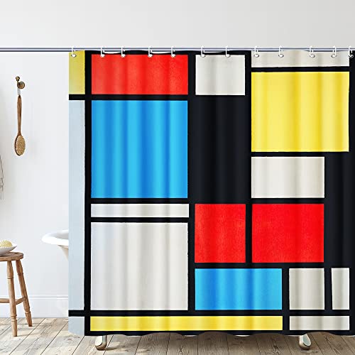 INVIN ART Piet Cornelies Mondrian Badezimmer-Duschvorhang-Set mit Haken, Komposition in Blau, Rot und Gelb von INVIN ART