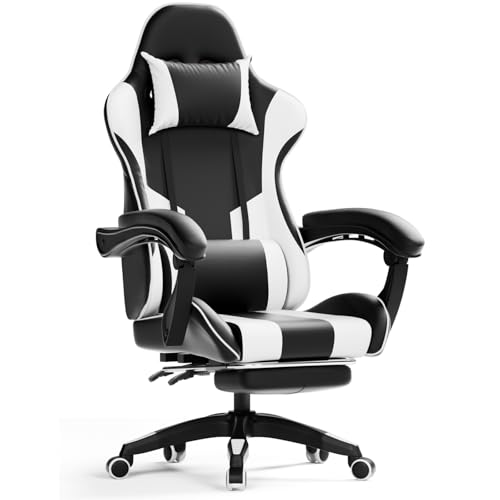 INVOKER Gaming Stuhl, Ergonomischer Gaming Sessel Computer Bürostuhl mit Fußstütze, Gaming Chair, 90-135° Rückenlehne einstellbar PC Stuhl mit 360° drehbar, Schwarz und Weiß von INVOKER