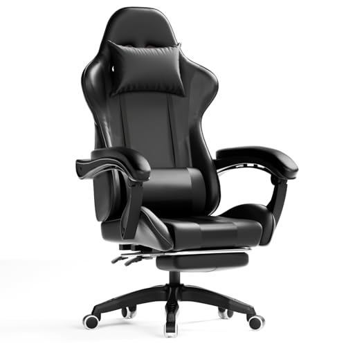 INVOKER Gaming Stuhl, Ergonomischer Gaming Sessel Computer Bürostuhl mit Fußstütze, Gaming Chair, 90-135° Rückenlehne einstellbar PC Stuhl mit 360° drehbar, Schwarz von INVOKER