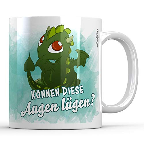 INWIEDU - Keramik Tasse Drache Cordo mit Spruch: Können Diese Augen lügen? - 330 ml - Ø 80 H 96 mm - Kaffee Becher Tee von INWIEDU