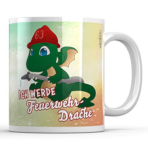 INWIEDU - Keramik Tasse Drache Ignis mit Spruch: Ich werde Feuerwehr-Drache - 330 ml - Ø 80 H 96 mm - Kaffee Becher Tee von INWIEDU