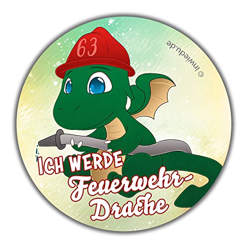 INWIEDU - Runder Magnet-Sticker Drache Ignis mit Spruch: Ich werde Feuerwehr-Drache - Magnetfolie runder Sticker - Ø 55 x 1 mm - Kühlschrank Magnet Tafel von INWIEDU