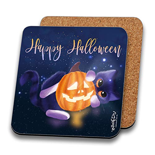 INWIEDU - Untersetzer Happy Halloween Katze mit Spruch: Happy Halloween - MDF mit Kork Rückseite - 95 x 95 x 3 mm von INWIEDU