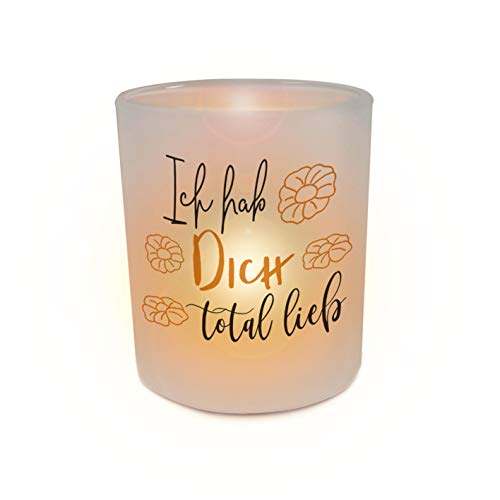 INWIEDU - Windlicht mit Spruch: Ich hab Dich total lieb - Glas Teelichthalter - Ø 70 H 80 mm von INWIEDU