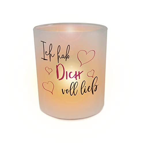 INWIEDU - Windlicht mit Spruch: Ich hab Dich voll lieb - Glas Teelichthalter - Ø 70 H 80 mm - Teelicht Windlichthalter Stimmungslicht von INWIEDU