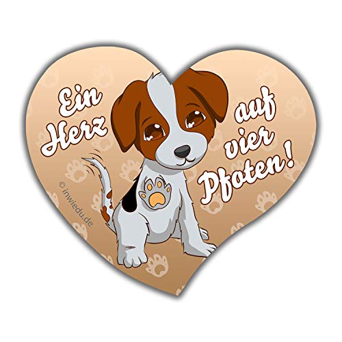 INWIEDU - herzförmiger Magnet-Sticker Hund mit Spruch: EIN Herz auf Vier Pfoten! - Magnetfolie Herz Sticker - 60 x 68 x 1 mm - Kühlschrank Magnet Tafel von INWIEDU