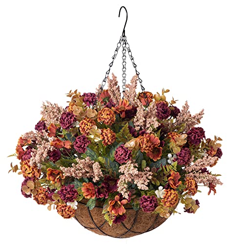 Künstliche Hängeblume mit Korb für Zuhause, Hofdekoration, künstliche Pflanzenarrangements in 30.5 cm Kokosnuss-Futterkorb für Innen- und Außendekoration, 10 Bündel mit Korb (braun) von INXUGAO