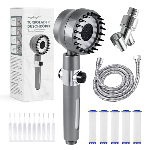 Duschkopf mit Filter Hochdruck Handbrause, Duschbrause mit Verstellbarer, 3 Strahlarten mit Filtration in 15 Schichten, 1,5M Schlauch Sparduschkopf Entfernen vom Harten Wasser (Drehbar-silbergrau) von INYPTROPIC