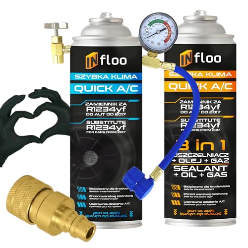 INfloo Quick A/C R1234yf Gas + 3-in-1 Dichtmittel + Schlauch mit Manometer + R1234yf Adapter + Handschuhe | Klimaanlagen-Set zum Befüllen & Abdichten INfloo Quick A/C R1234yf Gas + 3-in-1 Dichtmittel + Schlauch mit Manometer + R1234yf Adapter + Handschuhe | Klimaanlagen-Set zum Befüllen & Abdichten von INfloo
