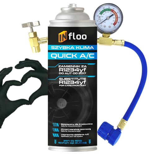 INfloo Quick A/C R1234yf – Kältemittel 185 g + Schlauch mit Manometer | Klimaanlagenbefüllung ab 2017 | Rückschlagventil + Handschuhe INfloo Quick A/C R1234yf – Kältemittel 185 g + Schlauch mit Manometer | Klimaanlagenbefüllung ab 2017 | Rückschlagventil + Handschuhe von INfloo