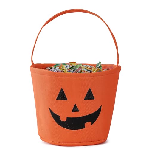 Halloween Eimer Kürbis Korb für Kinder, Trick-or-Treat Taschen, Süßigkeiten Körbe mit Stickerei, Faltbare Halloween Süßigkeiten Eimers, Kürbis Eimer, Geschenkkorb (Orange) von INough