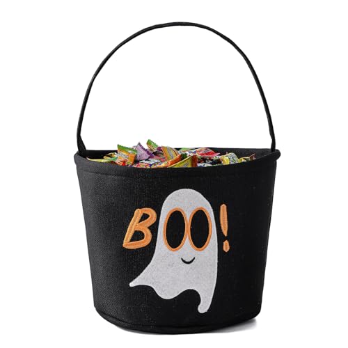 Halloween Korb Geister-Eimer für Kinder, Trick-or-Treat Tasche mit Stickerei, gruselige Süßigkeiten Eimer, Faltbare Geister-Eimers, Geschenkkorb leer für Halloween Party Dekorationen (Schwarz) von INough