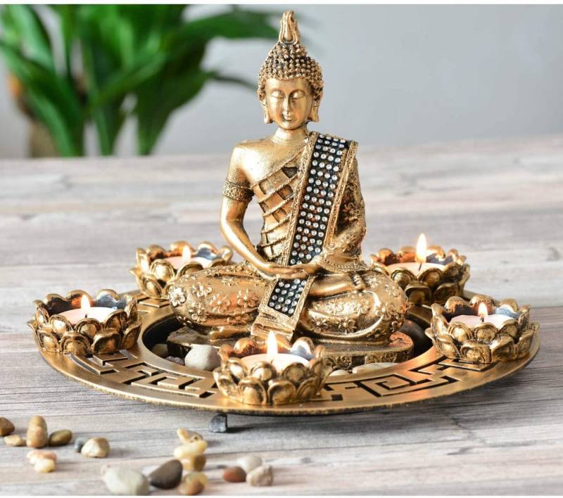 INtrenDU Teelichthalter mit Tablett Buddha Figur Dekoteller mit Teelichthaltern und Dekosteinen, Alle Teile sind frei platzierbar von INtrenDU
