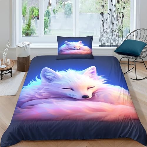 IOFEER Polarfuchs Bettwäschegarnitur 3D Gedruckter Niedlich Rosa Für Kinder Mädchen Jungen Bettbezug Set Bettwäsche Weich Microfaser Und Kissenbezüge Reissverschluss 3 Teilig Single（135x200cm） von IOFEER