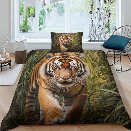 IOFEER Tiger 3teilig Bettwäsche Baumwolle, 100% Gewaschene,Fierce Leinenartigem Griff，für Allergiker Geeignet, Bettbezügen & Kissenbezügen Single（135x200cm） von IOFEER