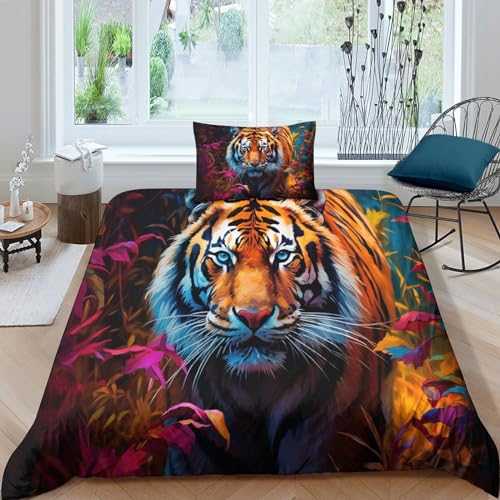 IOFEER Tiger 3teilig Bettwäsche Weich Pflegeleicht Fierce Bettbezug Set Mit Kissenbezügen Bettbezug Geeignet Für Erwachsene Und Kinder Single（135x200cm） von IOFEER