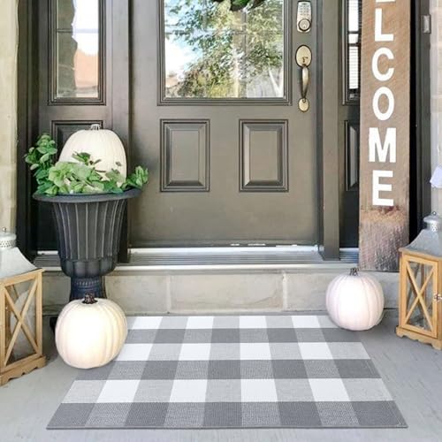 IOHOUZE Buffalo Plaid karierter Teppich, 60 x 91 cm, waschbare Teppiche für Veranda, Frühling, Sommer, Willkommens-Matten, Outdoor, grau-weißer Teppich für Bauernhaus/Eingang/Hauseingang von IOHOUZE