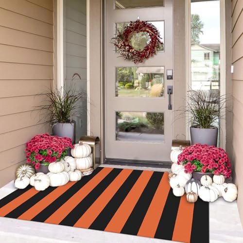 IOHOUZE Fußmatte für den Herbst, 90 x 150 cm, Orange / Schwarz, gestreift, für den Eingangsbereich, für Herbst, Halloween, Erntedankfest, Veranda-Dekoration von IOHOUZE
