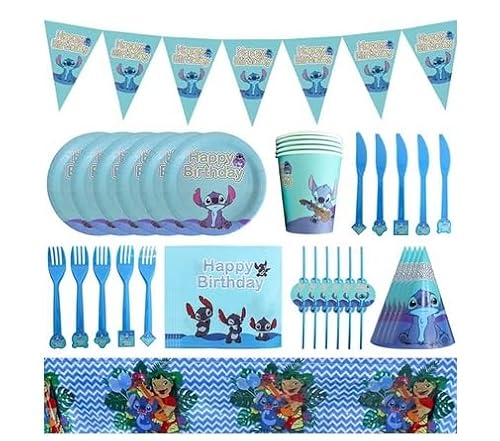 IOSCDH 87 PCS Sti-tch Geschirr Dekoration,Sti-tch Geburtstagsbesteck,Sti-tch Partybesteck,Geburtstagsgeschirr-Set,Inklusive Teller,Tasse,Hut, Tischdecke,Banner,Stroh,Seidenpapier,Messer und Gabel von IOSCDH