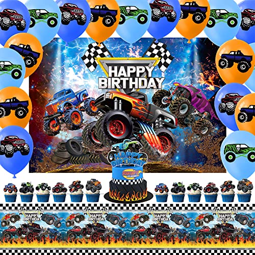 Monst-er Truc-k Geburtstag Dekoration Set,Car Thema Party Dekoration ,Mon-ster Tru-ck Geburtstag Luftballons Hintergrund Happy Birthday Banner Cake Topper Deko Tischdecke Party Set für Kindergeburtsta von IOSCDH