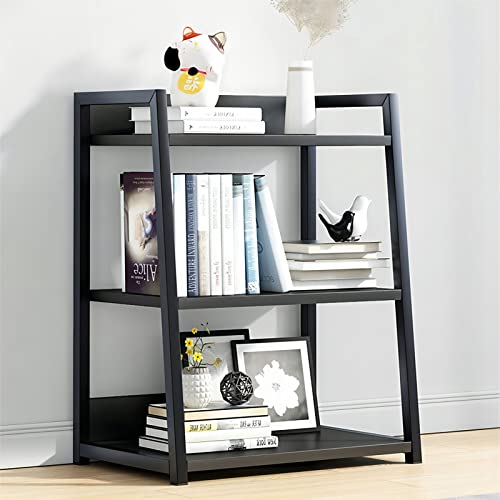 IOTXY Schwarz 3-Regalböden Offenes Bücherregal - Metall-Holz-Bücherständer-Regal, Leiter-bücherbord, Open Shelf Bookcase, Bookshelf von IOTXY