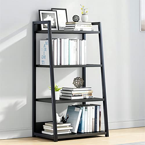 IOTXY Schwarz 4-Regalböden Offenes Bücherregal - Metall-Holz-Bücherständer-Regal, Leiter-bücherbord, Open Shelf Bookcase, Bookshelf von IOTXY