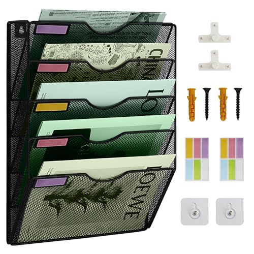 IOUGDSEC Zeitschriftenhalter Wand, Hängeorganizer Wandablagefächer A4, 5 Fächer Prospektspenderset, Metall Hängeorganizer, Dokumentenablage Schwarz von IOUGDSEC