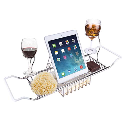 iPEGTOP Edelstahl-Badewannen-Ablage – über Badewannen-Regal, Dusch-Organizer mit ausziehbaren Seiten, Abnehmbarer Weinglas-Halterung von IPEGTOP