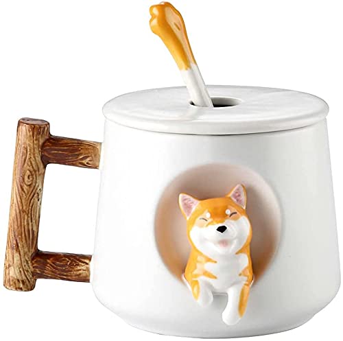 3D Dog Becher Dog Mug Keramik Kaffee Teetasse Kaffeetasse Cup Kaffeebecher mit Deckel und Löffel Holzgriff Krative Lustige Geschenkidee Hundemotiv Perfekt für Hundeliebhaber Hundebesitzer 420 ml von IPENNY
