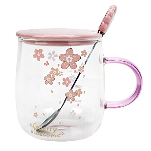 Sakura Tasse mit Skalen Glas Trinkbecher Kaffeetasse mit Deckel Löffel Hitzebeständig Süße Kirschblüten Motiv Borosilikat Tassen für Milch Saft Tee Perfekte Geschenke für Mädchen Frauen 500ml von IPENNY