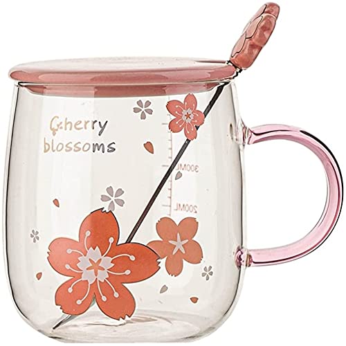 Sakura Tasse mit Skalen Glas Trinkbecher Kaffeetasse mit Deckel Löffel Hitzebeständig Süße Kirschblüten Motiv Borosilikat Tassen für Milch Saft Tee Perfekte Geschenke für Mädchen Frauen 500ml von IPENNY