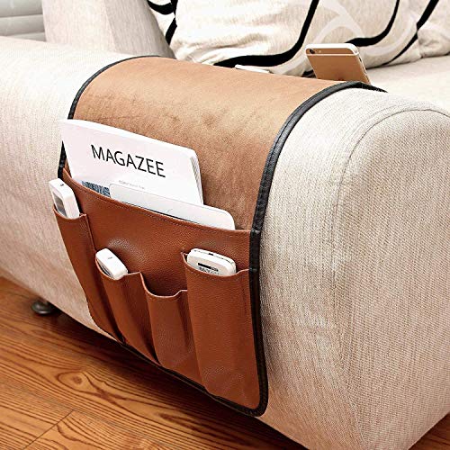 Sofa Armlehnen Organizer aus Leder und Samt Platzsparender Rutschfest für Couch oder Sessel Bett Storage Tasche TV Fernbedienung Halterung Leicht zur Reiningung für Handy Buch Zeitschriften Bleistift von IPENNY