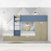 Schlafzimmer mit Etagenbett mit Schubladen und Kleiderschrank in Eiche und Hellblau von IPERBRIKO