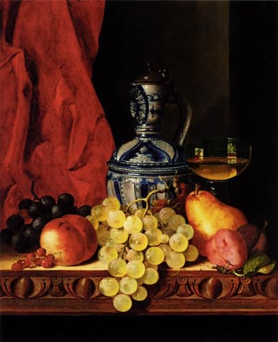 IPLUPJDY Kunst Gemälde WandgemäLde Stillleben mit trauben, Pfirsichpflaumen und einer Birne auf einem tisch mit einem Weinglas und einer Flasche von edward ladell für Wanddekoration 60x90cm von IPLUPJDY