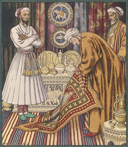 IPLUPJDY Vintage Leinwand Wandkunst Poster Bilder Leinwand Poster Druck Ali kauft einen Teppich Illustration für Arabian Tales von Ivan Yakovlevich Bilibin Kunst Gemälde für Heimdekoration 60x90cm von IPLUPJDY