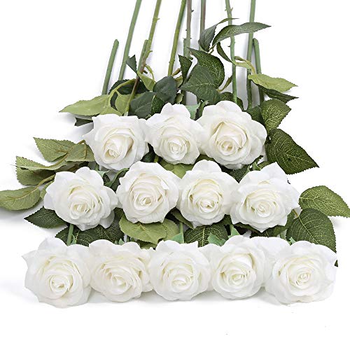 IPOPU 12 weiße Rosen, künstliche Blumen, fühlt sich echt an, künstliche Seide, Rosen, Blumengesteck, Blumenstrauß für Valentinstag, Zuhause, Hochzeit, Party, Garten, Brautschmuck, DIY (weiß) von IPOPU
