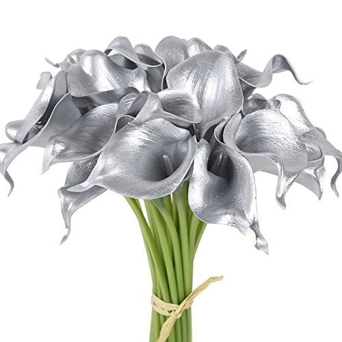 IPOPU 24 Stück silberne Calla-Lilien, künstliche Blumen, fühlen sich echt an, Calla-Lilienstrauß für Hochzeit, Party, Dekorationen, Brautstrauß, Dekor (Silber) von IPOPU