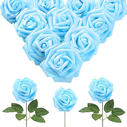 IPOPU 30 Stück Babyblaue Rosen aus Schaumstoff, künstliche Rosen mit Stielen, künstliche Rosen mit künstlichen Blumen für selbstgemachte Hochzeitssträuße, Babyparty, Tafelaufsätze, Blumenparty, von IPOPU