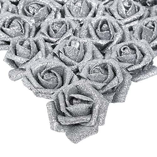 IPOPU Künstliche Blumen, 25 Stück Schaumstoff-Glitzer-Rosen, Schaumstoff-Rosen mit Stiel, für DIY, Hochzeit, Brautstrauß, Zuhause, Party, Weihnachtsdekoration (Silber) von IPOPU